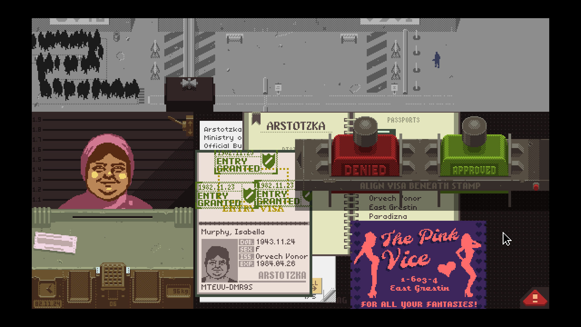 A screenshot from Papers, Please showing the interface as the